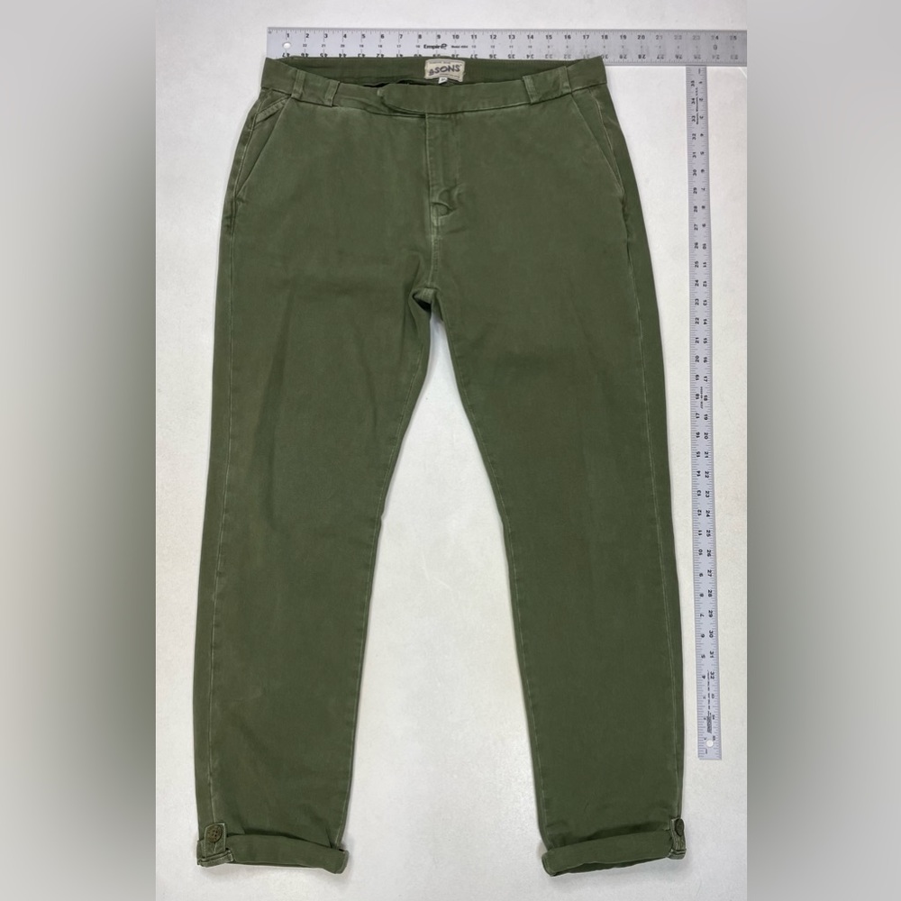 &SONS Virgil Chino Army Pants Men Size 34 x 30 Green Back Cinch Strap - Picture 9 of 11
